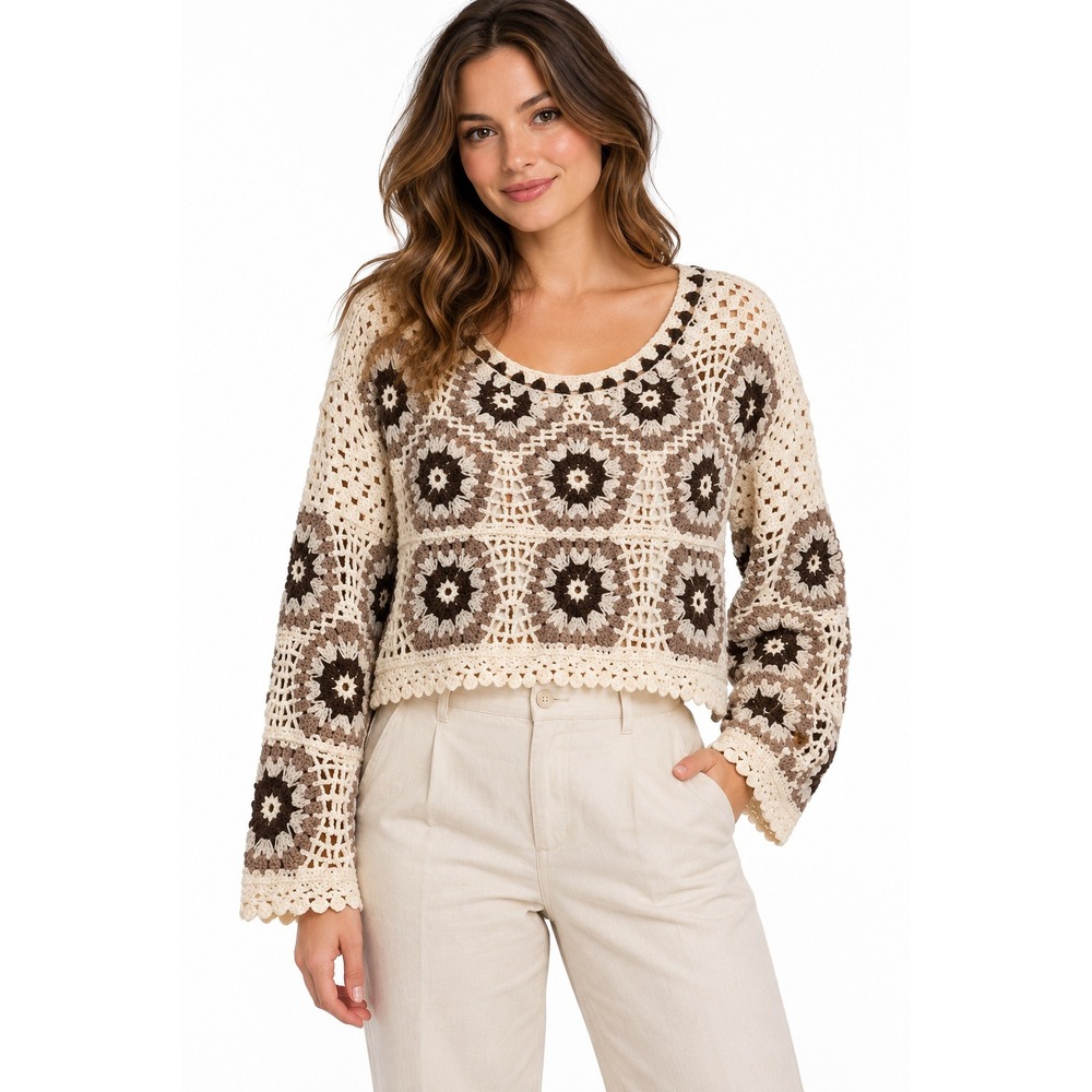 AMERICAN FLIRT Crochet Granny Square Cropped Sweater Cream Brown Oversized NWOT